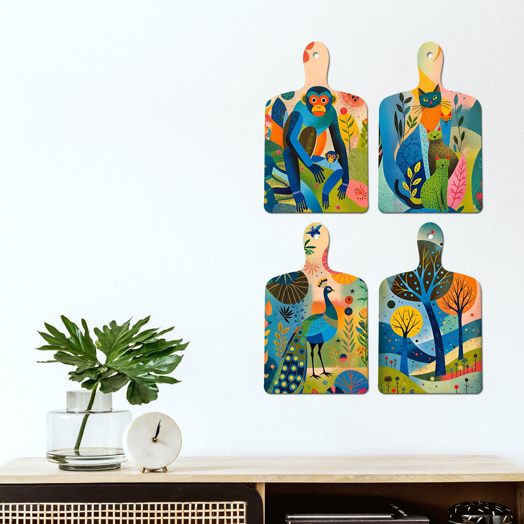 Artvibes Artistic Monkey Cat & Nature Decorative MDF Wooden Wall Art for Home | Wall Sculpture | Signs & Plaques | Handcrafted Art | Wall Illustrations | Art For Wall | Gift Items (WH_5660N), Set of 4