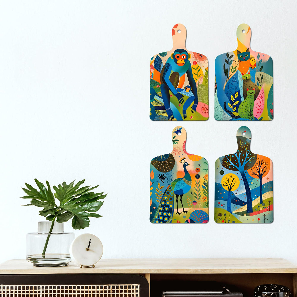 Artvibes Artistic Monkey Cat & Nature Decorative MDF Wooden Wall Art for Home | Wall Sculpture | Signs & Plaques | Handcrafted Art | Wall Illustrations | Art For Wall | Gift Items (WH_5660N), Set of 4
