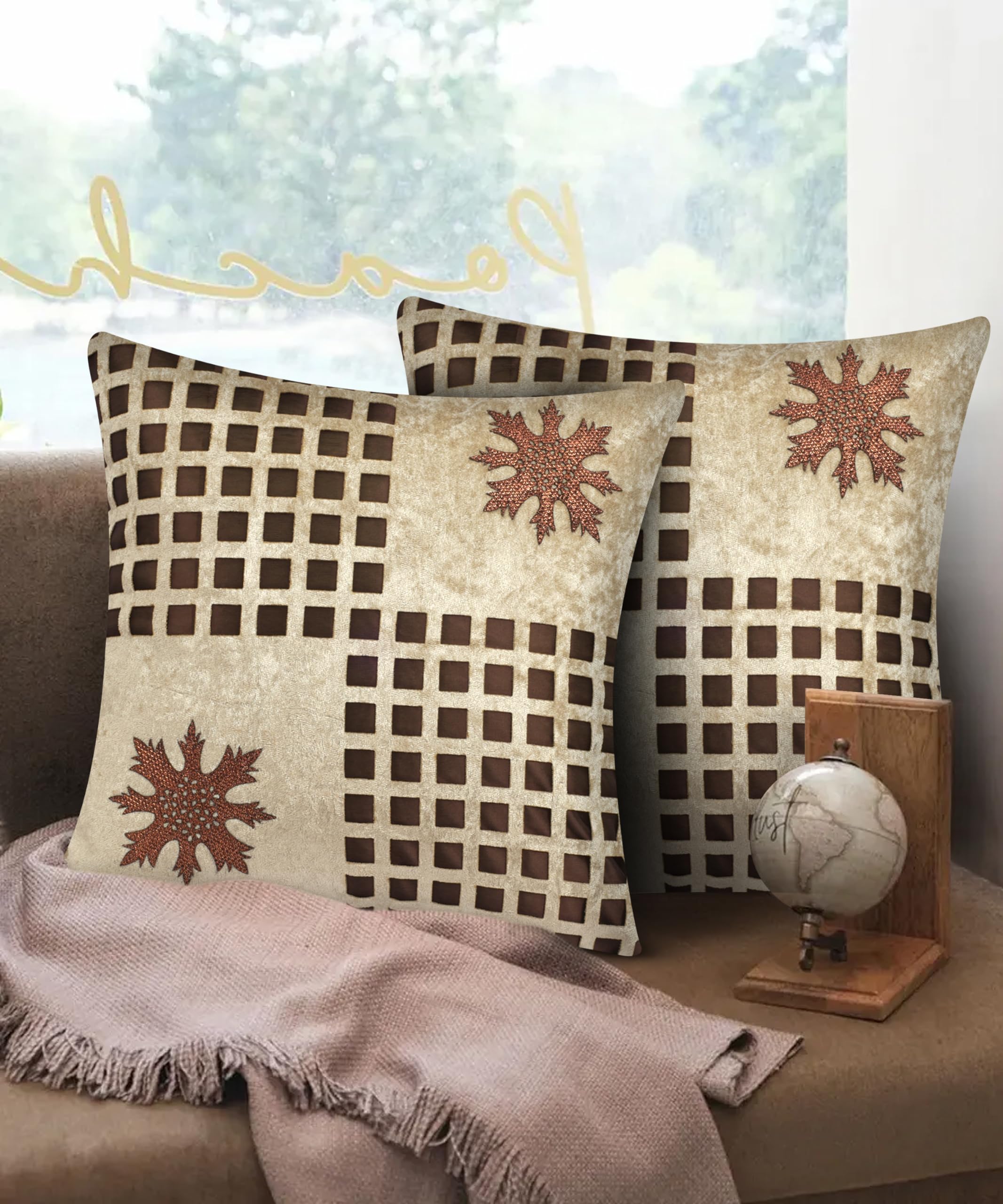 JDX Flower Fancy Cushion Cover Set for Living Room and Sofa, 8049_Beige