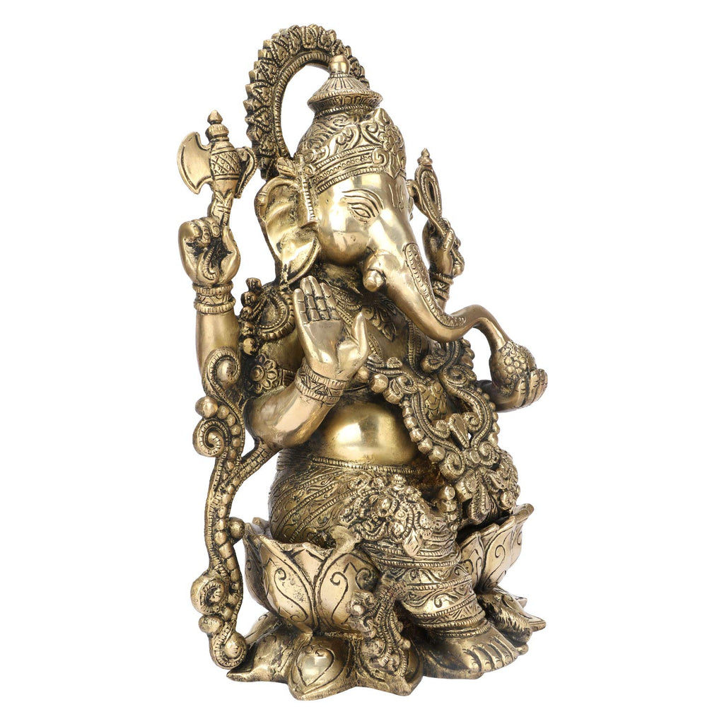 SVARUP Brass Ganesh Lord Ganesha Mangalkari Sitting on Lotus for Puja Decor Gift 12 Inch
