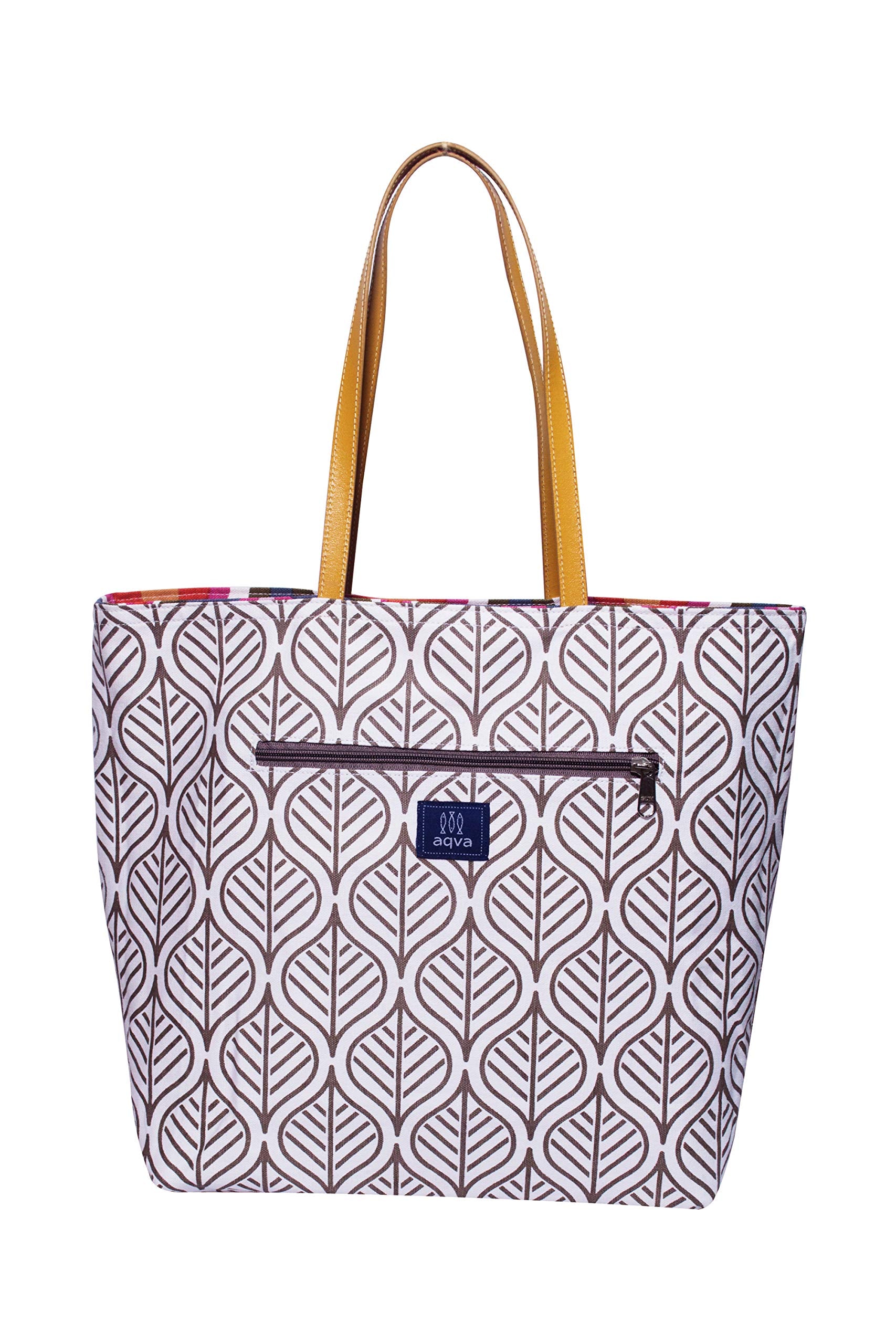 AQVA Printed Reversible Cotton Canvas Tote Bag for Women | Trendy Stylish Multipurpose Handbag with Zip Pockets | Shoulder Bag for Shopping, Grocery, Travel, Beach & Work | Waves