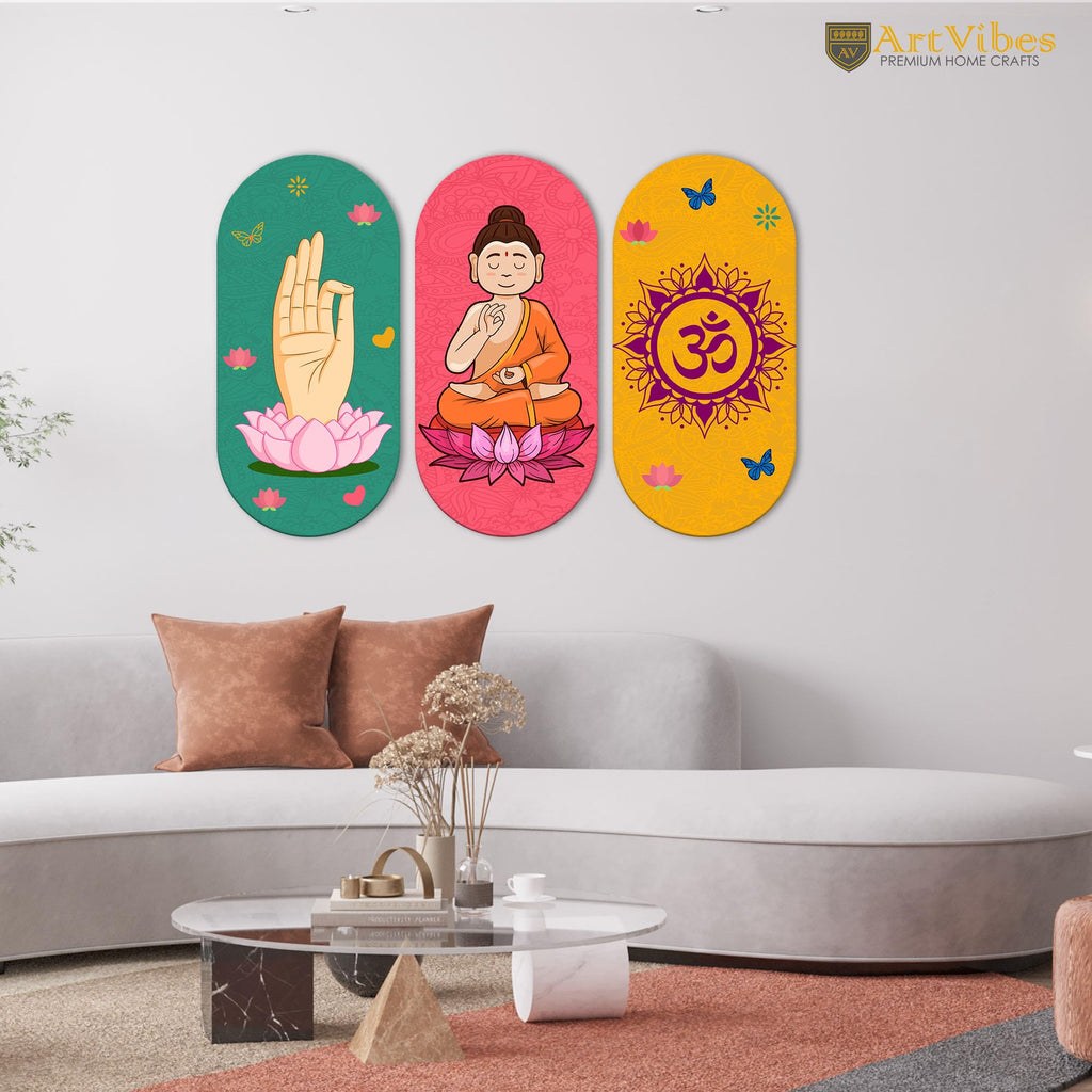 Artvibes Auspicious and Holy Symbols Wooden Wall Hanger for Good Luck | Prosperity Home | Office | Spiritual Decor Items | Wall Poster| Stylish Modern Decor Item | Gift Items (WH_9025N), Set of 3