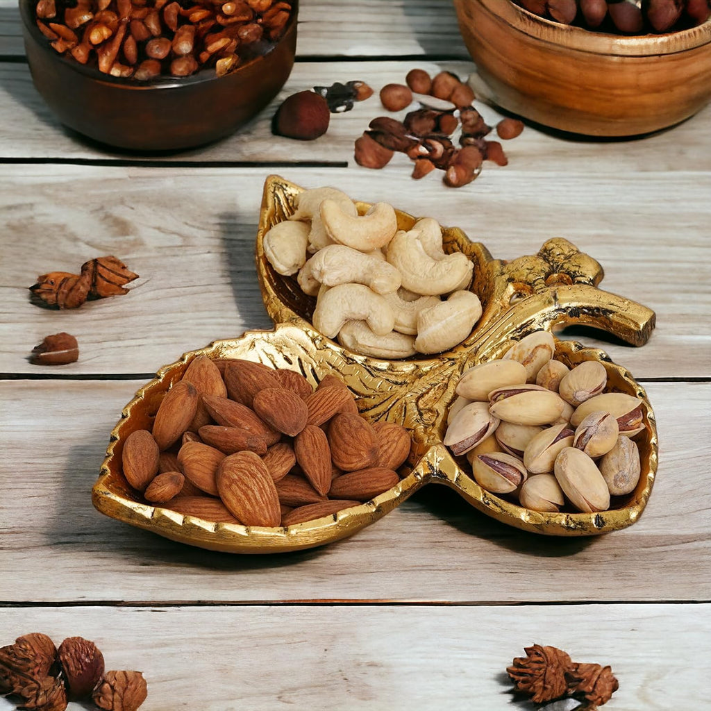 KridayKraft Hand Crafted Metal 3 Part Leaf Shape Tray Perfect for Home Centre Table Serving Dry Fruits (Golden, Pack of 1)