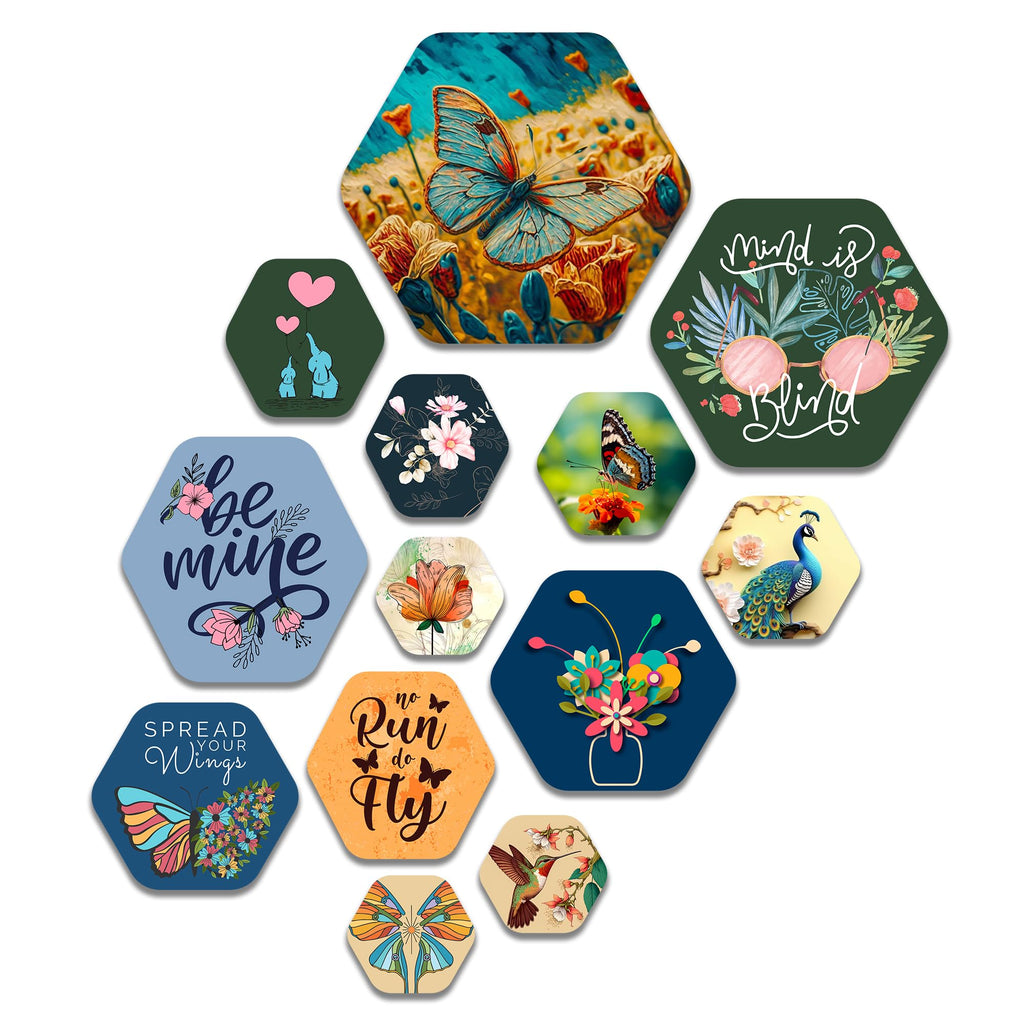 Artvibes Spread Your Wings Hexagon Shape MDF Wooden Wall Decor Items | Motivational Wall Decor | Wall Accent | Graphic Art | Gift Items | Office Wall Decoration Items (WPS_205N), Set of 13