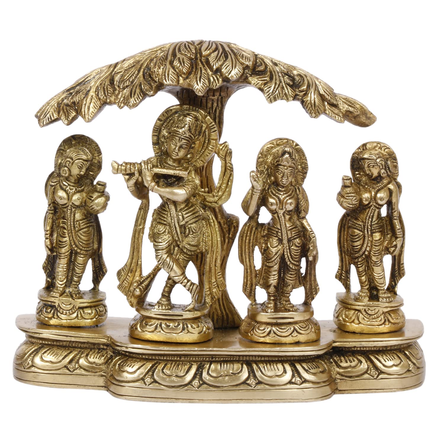 ARTVARKO Brass Krishna Playing Flute Radha and Gopi's Dancing Under Tree Brass Idol for Home Décor Living Room Pooja Mandir Gift Item (15x5x13 CM)