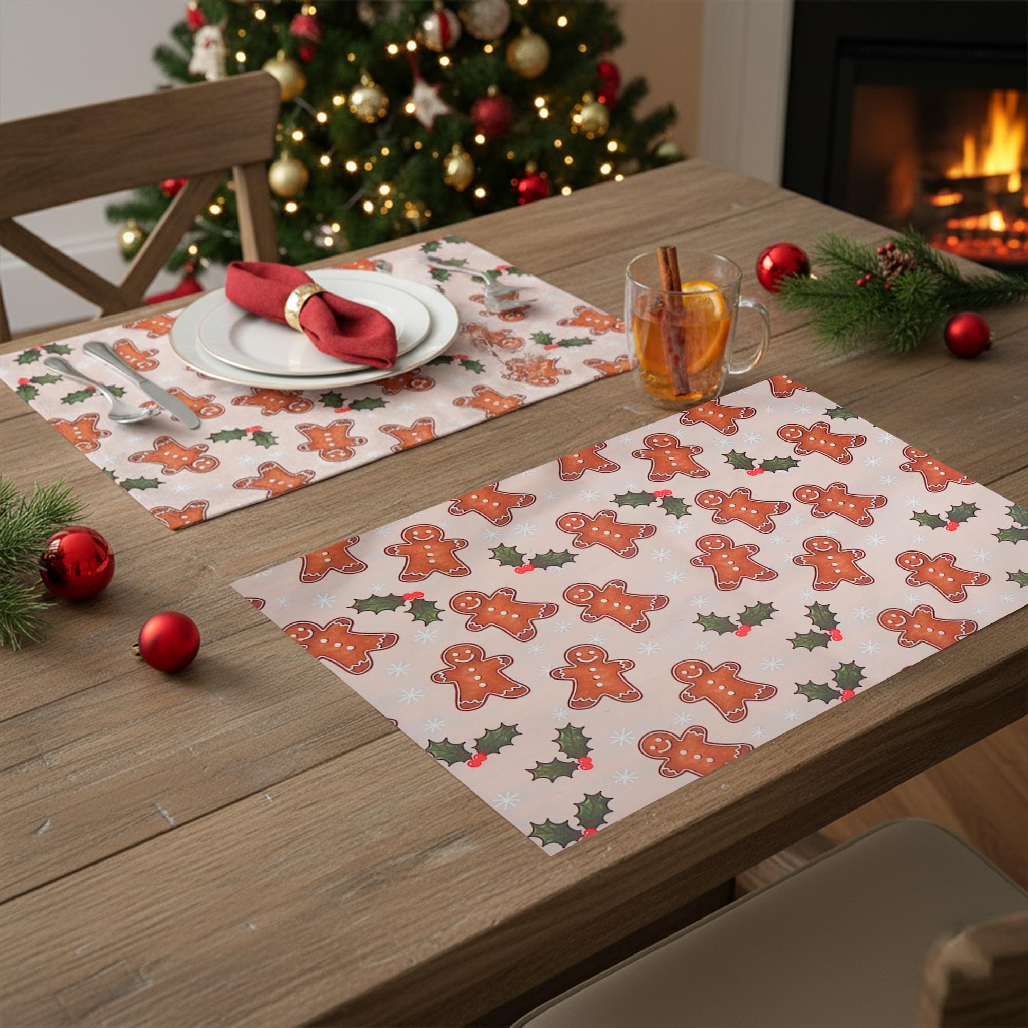 PRAKARTIK BY INDUARTS Dining Table Mats Set of 2 - Gingerbread Man Theme,Digital Print, Washable, Indoor/Outdoor, Heat-Proof, Wipe & Clean (47X33 cm) Cream & Brown Kafalo