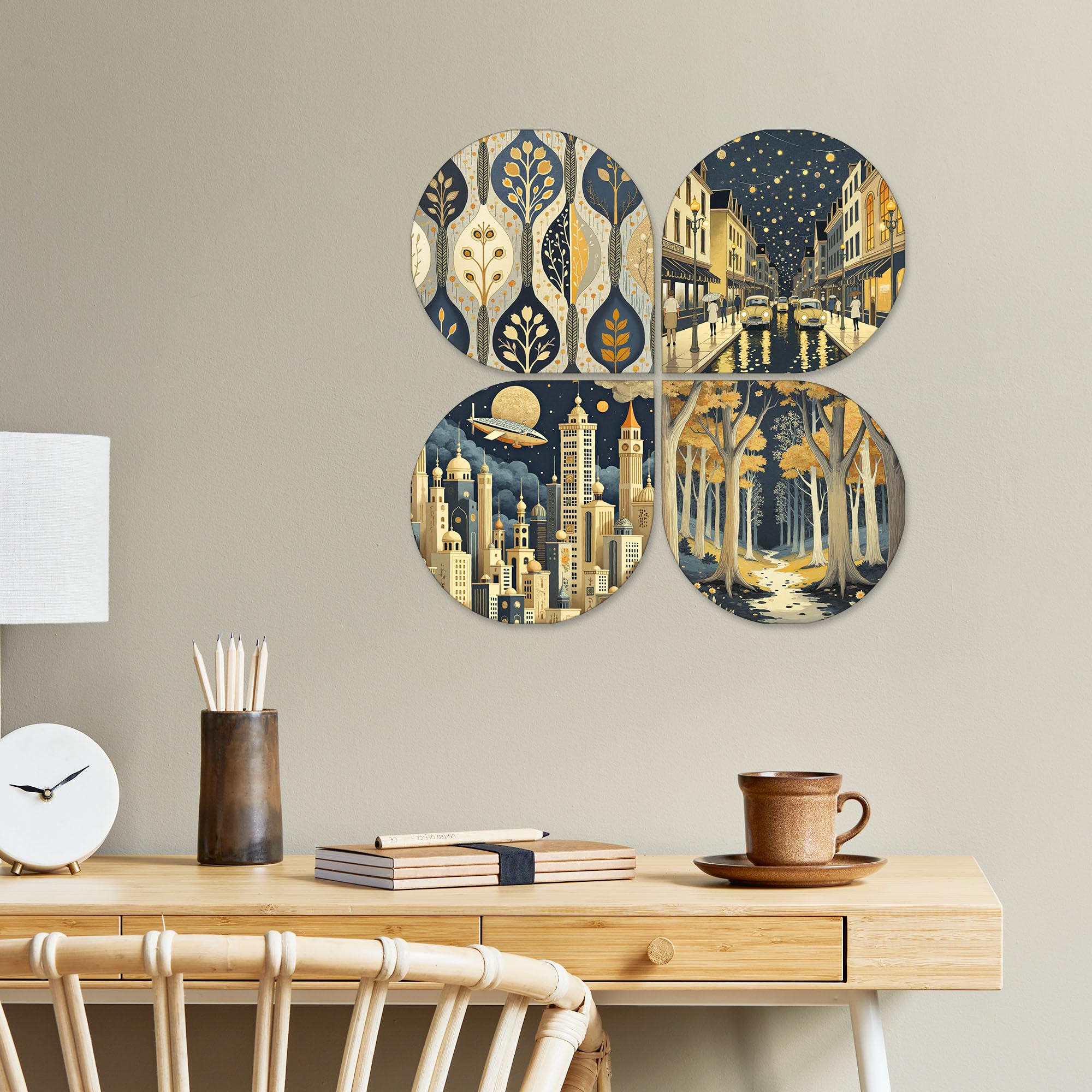 Artvibes Modern Nightscape Decorative Wall Art MDF Wooden Wall Hanger for Home | Room Wall Art | Wood Decorative Items | Modern Decoration | Wall Art Print | Unique Gift Items (WH_8457N), Set of 4