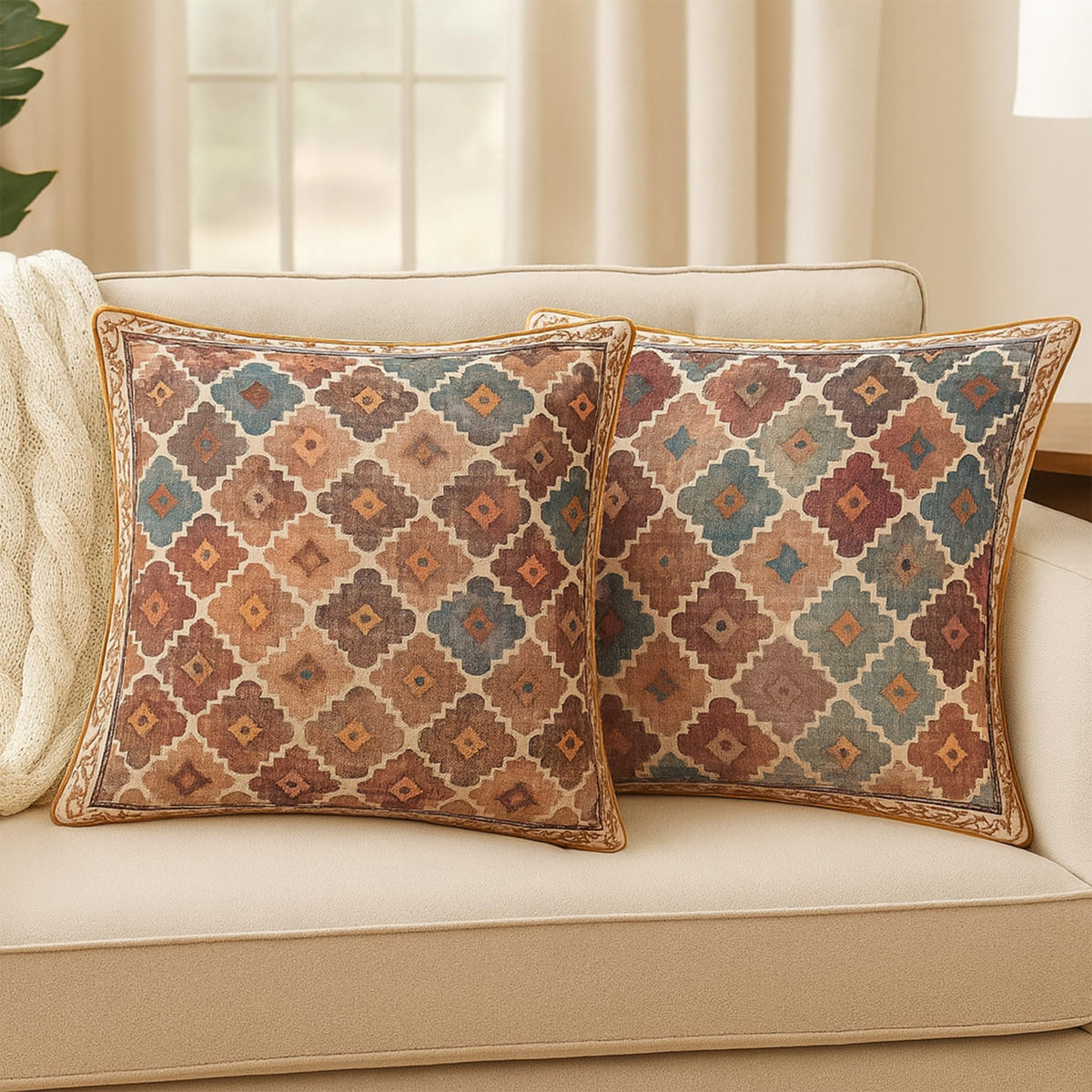 ELORA Soft Cushion Covers[16 * 16 in] (3, Earthy Motifs [Mutlicolor])