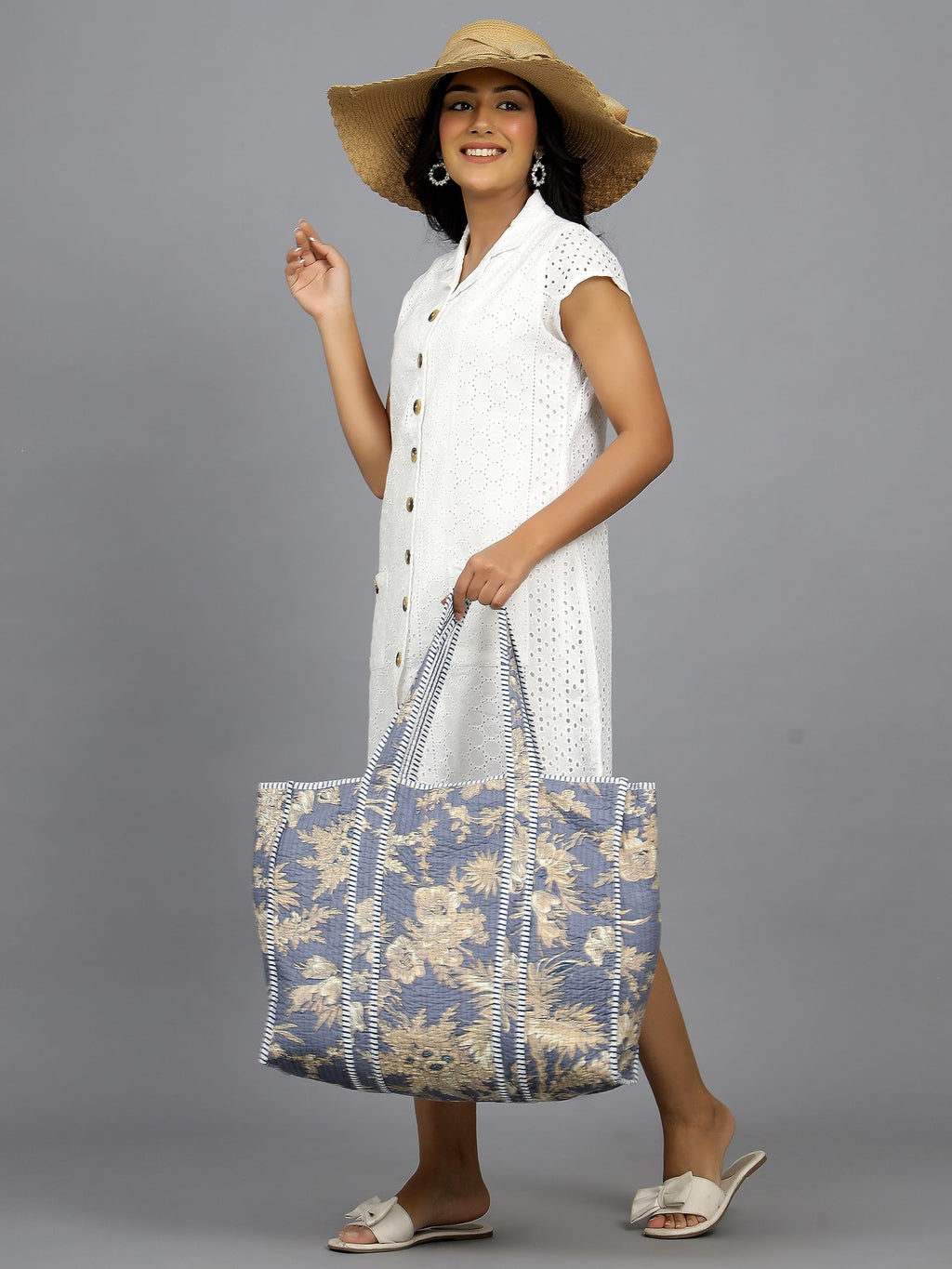 Ravaiyaa - Attitude is everything Women & Man Beautiful Printed Cotton Grocery Shopping Bag | Shoulder Bag | Cotton Tote Bag | Travel Tote Bags 18x5.5x16 Inch (Blue Beige Floral)