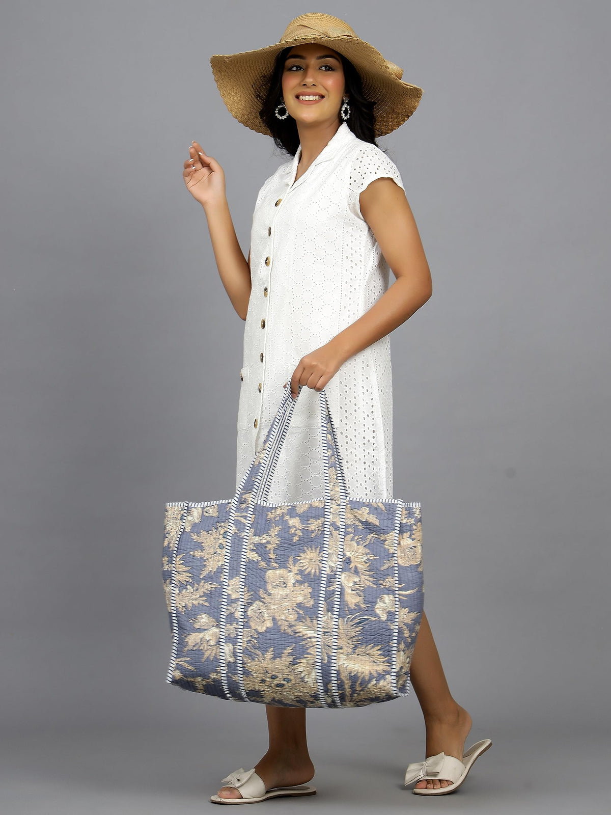 Ravaiyaa - Attitude is everything Women & Man Beautiful Printed Cotton Grocery Shopping Bag | Shoulder Bag | Cotton Tote Bag | Travel Tote Bags 18x5.5x16 Inch (Blue Beige Floral)