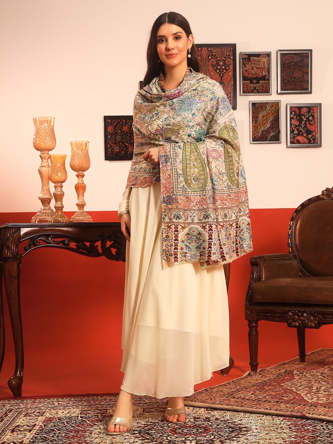 Pashmoda Women Rangkaar Fine Wool Fabric Pashmina Kalamkari Embroidered Shawl (Size: 40x80in, 101x203cm) KAS14