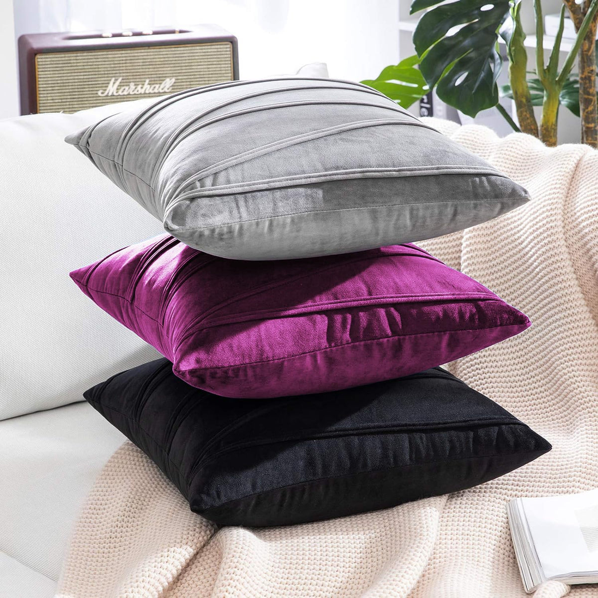 Khooti Velvet Striped Cushion Cover Pack of 1-30 x 30 / 76 x 76 cm | Purple | Soft Pillow Covers Cushion Case for Sofa Bedroom Livingroom Chair Car, Cushion Cover with Zig Zag Pattern