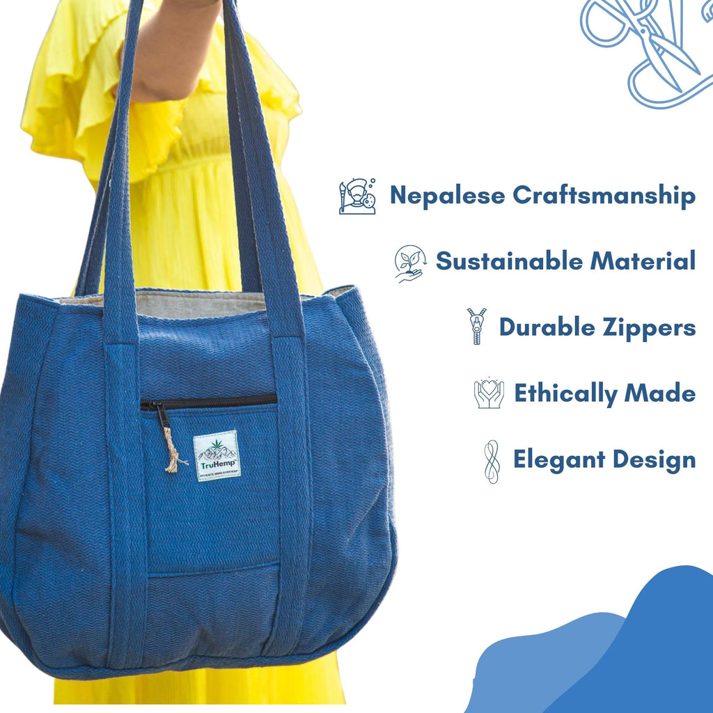 TruHemp Hemp Shopping Tote Bag with Dual Zippered Compartments | Spacious Eco Market Bag with Cotton Lining | 10L Capacity, Blue, 15 inches x 15 inches x 16 inches