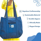 TruHemp Hemp Shopping Tote Bag with Dual Zippered Compartments | Spacious Eco Market Bag with Cotton Lining | 10L Capacity, Blue, 15 inches x 15 inches x 16 inches