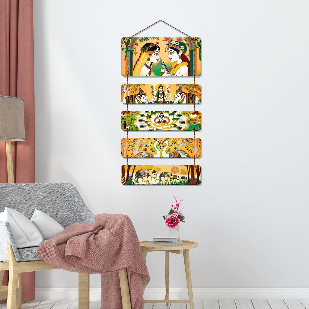Artvibes Traditional Indian Folk Art Radha Krishna & Animals Wooden Wall Hanger for Home | Spiritual Decor Items | Wall Sculpture | Signs & Plaques | Artwork | Painting | Gift Items (WH_6729N)