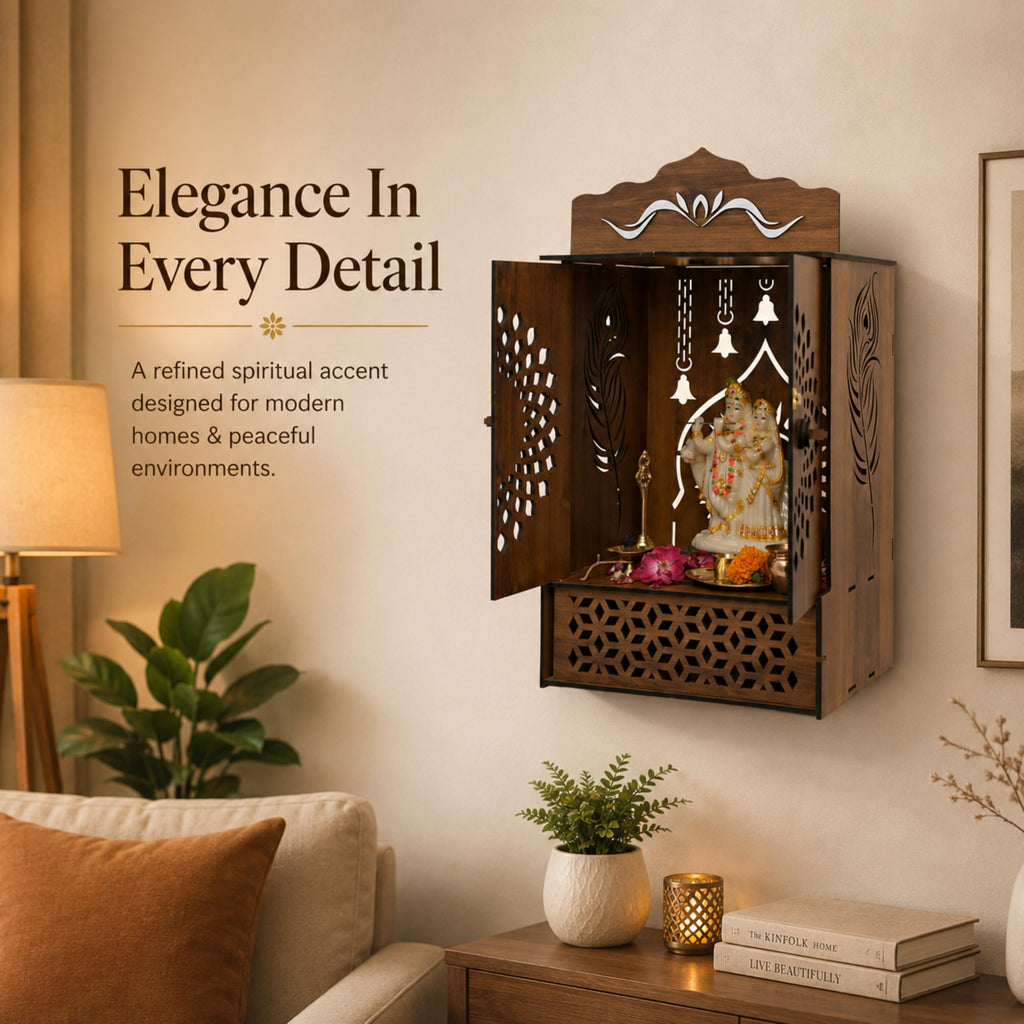 Venlay Wood Wooden Home Mandir with Double Door & Bell | Laser Cut Mandala Jali Cabinet Temple | Peacock Feather Engraving | MDF Pooja Ghar with Storage Drawer | White Finish | Gold Motif Header