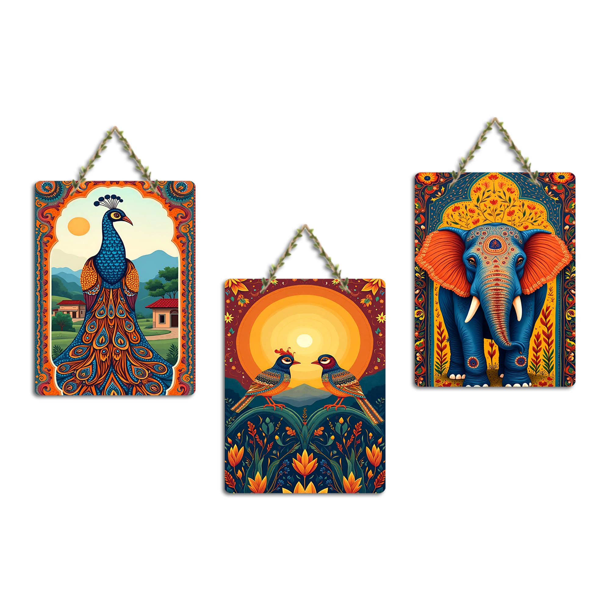 Artvibes Elephant Birds And Peacock Aesthetic Modern Art Decorative Wall Art MDF Wooden Wall Hanger for Home | Home Decor | Wall Accent | Wall Illustrations | Ideal Gifts (WH_9640N), Set of 3
