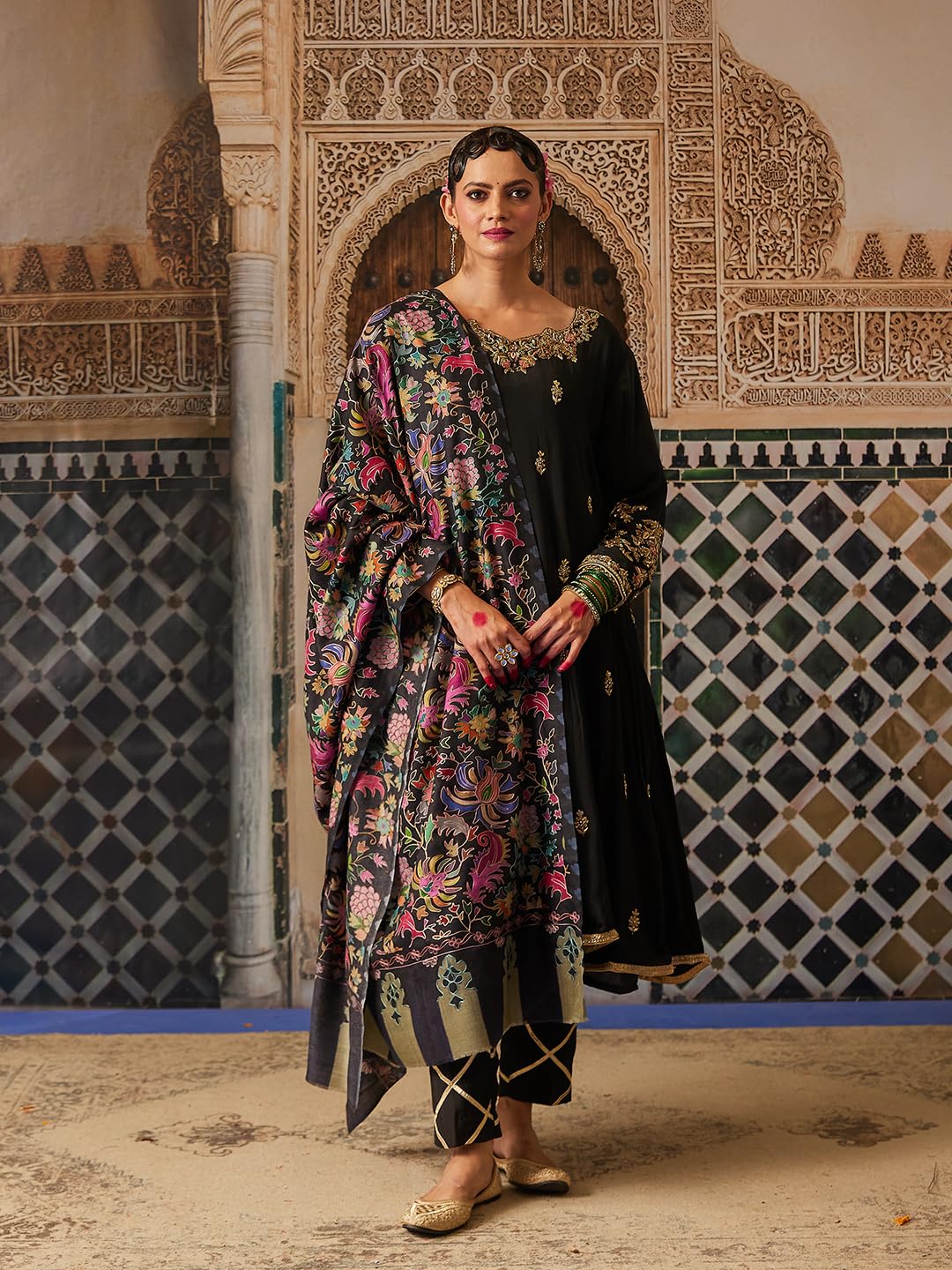 Pashmoda Women Shaheen Fine Wool Fabric Pashmina Kalamkari Embroidered Shawl, Stole and Wrap, Sustainable and Natural Fabric, Heritage Kashmiri Pashmina(Size 40x80)