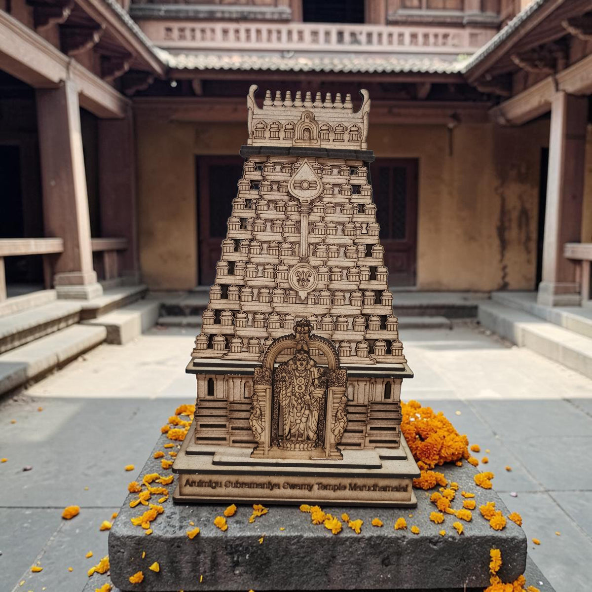 QUEENS CANVAS Marudhamalai Subramaniya Swamy Temple Wooden Decorative Model, Traditional Hindu Temple Architecture Replica -12 Inch Hight