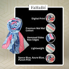 FAHABO Digital Print Mal Mal Cotton Scarf for Women – Soft, Lightweight Hijab, Head & Neck Wrap | Stylish Fashion Scarf (Space Blue, Azure Blue, Punch Pink)