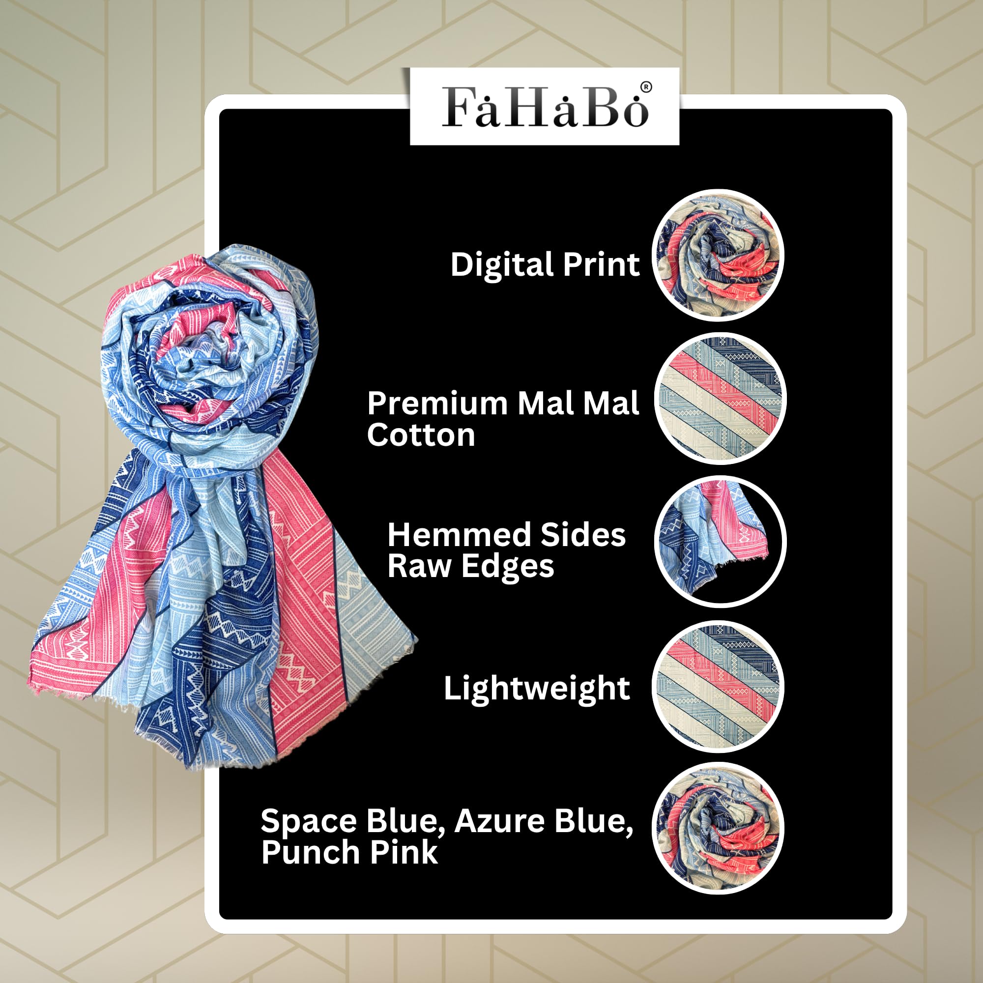 FAHABO Digital Print Mal Mal Cotton Scarf for Women – Soft, Lightweight Hijab, Head & Neck Wrap | Stylish Fashion Scarf (Space Blue, Azure Blue, Punch Pink)