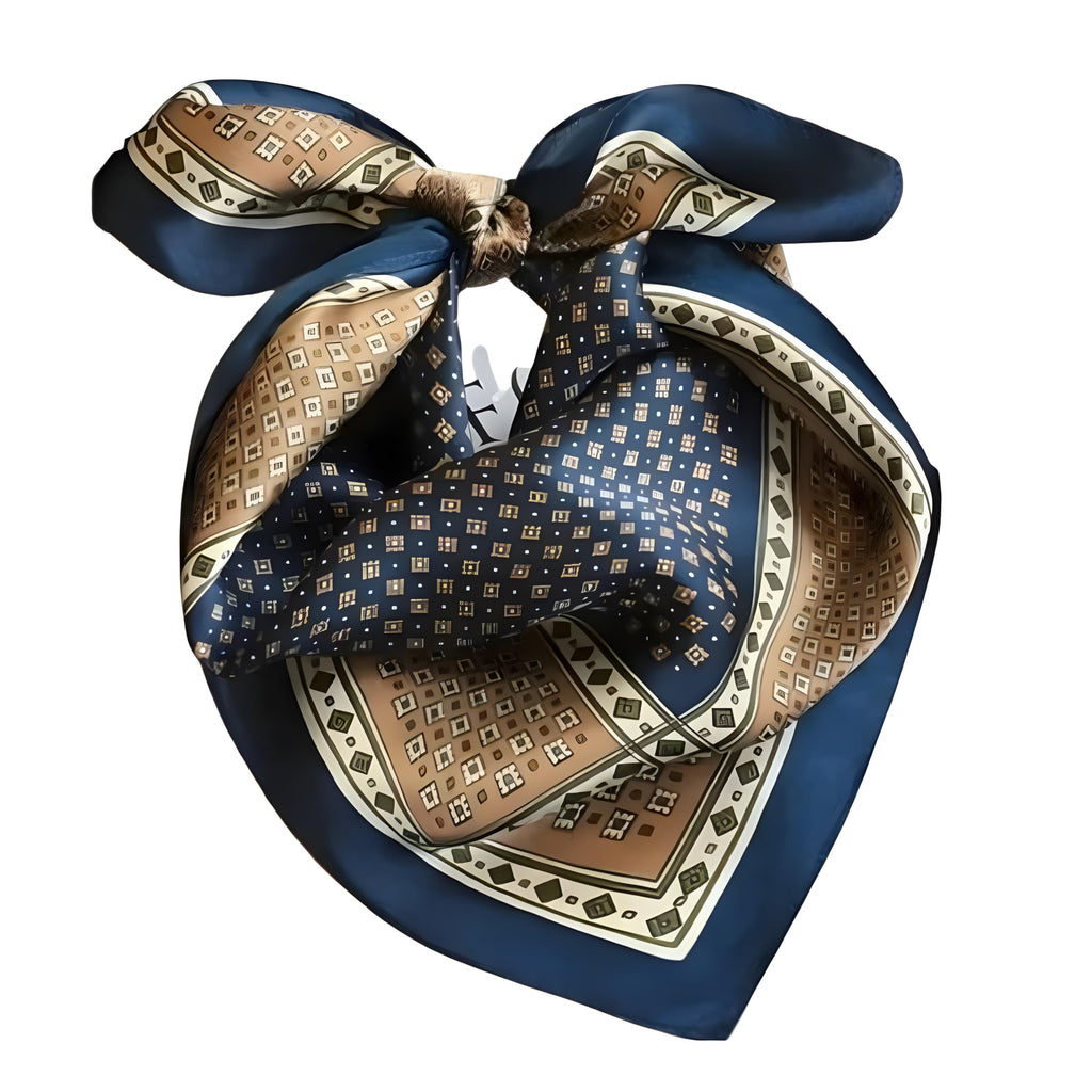 Silk Neck Scarf, Navy Blue, Geometric Diamond Pattern, Square Neckerchief