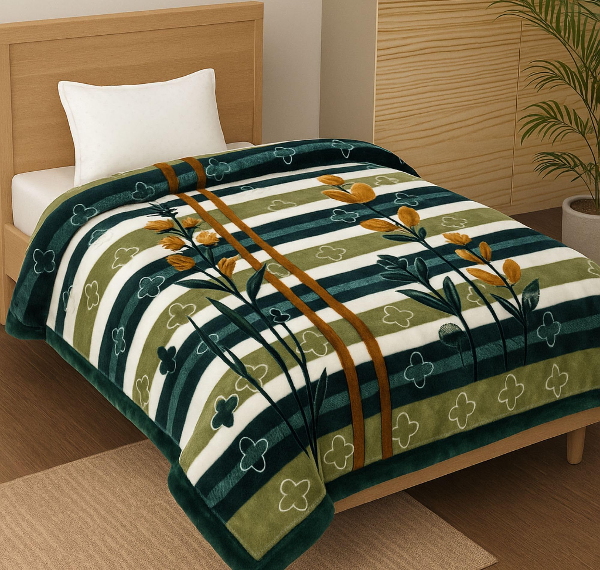 BSB HOME Supersoft Printed Mink Blanket for Heavy Winter – 600 GSM Ultra Soft Luxurious Embossed Double Bed Blanket, Warm & Fluffy Cozy for Extreme Cold Weather (Green Beige, 150 x 230 Cm, 2500 grams) Kafalo