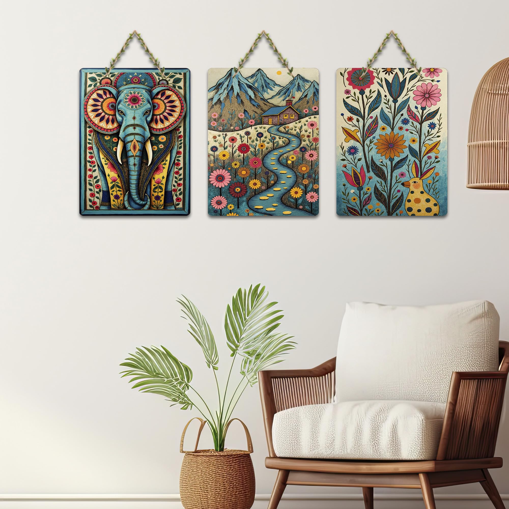 Artvibes Nature Theme Wall Art Wooden Art Decoration Item for Home | Modern Decoration Items | Living Room | Bedroom | Office | Artwork | Aesthetic Wooden Decor | Ideal Gifts (WH_96114N), Set of 3
