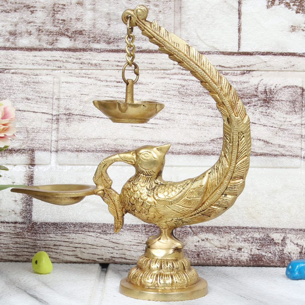 Artvarko Brass Bird Peacock Traditional Designer Hanging Diya Oil Lamp Stand Diwali Puja Home Office Temple 8 Inches