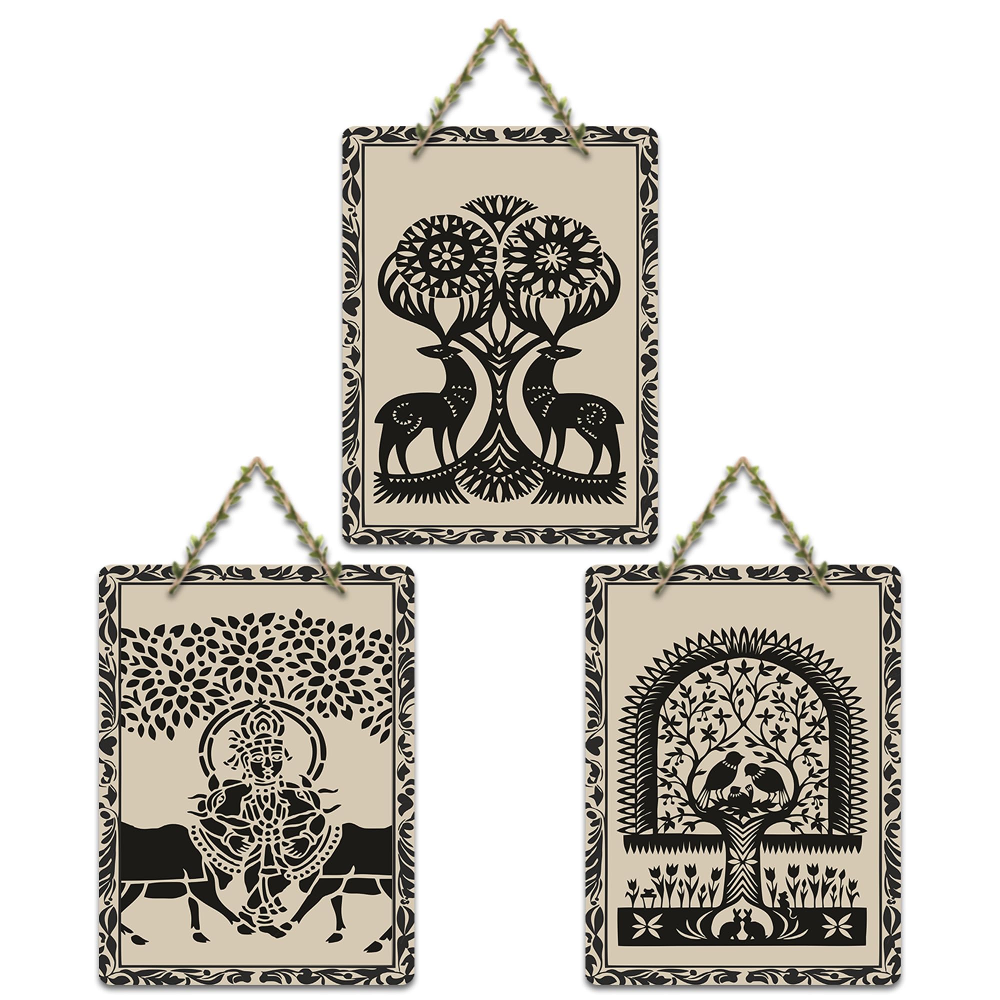 Artvibes Artistic Animal Theme Wooden Art Decoration Item for Living Room | Modern Decoration Items | Handcrafted Art | Aesthetic Wooden Decor | Artworks Hangings | Gift Items (WH_9696N), Set of 3