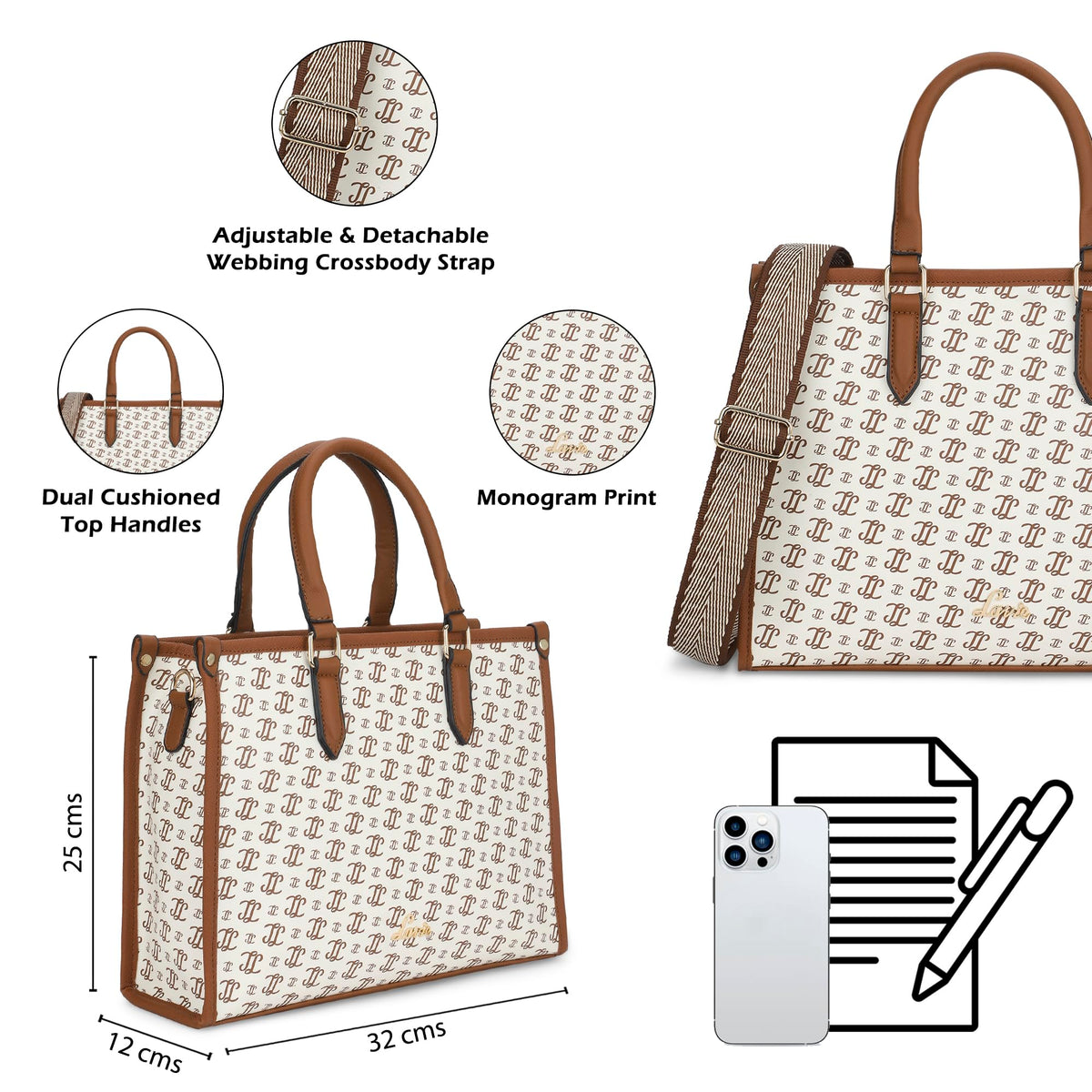 Lavie Mono LL Melissa Satchel Handbag For Women | Satchel Bag For Work | Ladies Purse | Stylish Shoulder Bag | Gift, Beige