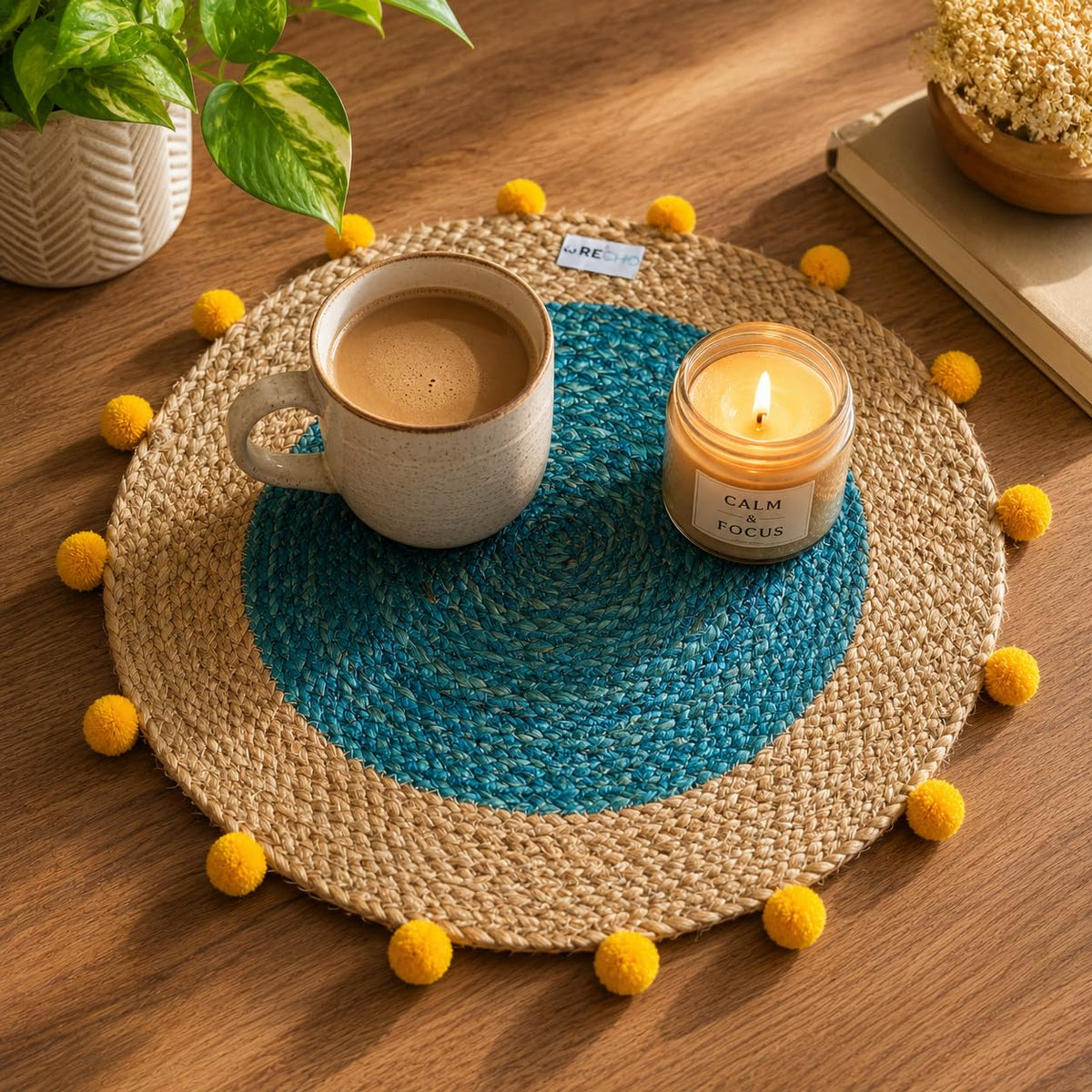Recho Decor Pompom Jute Placemat, Blue with Yellow Trim, Round Kafalo