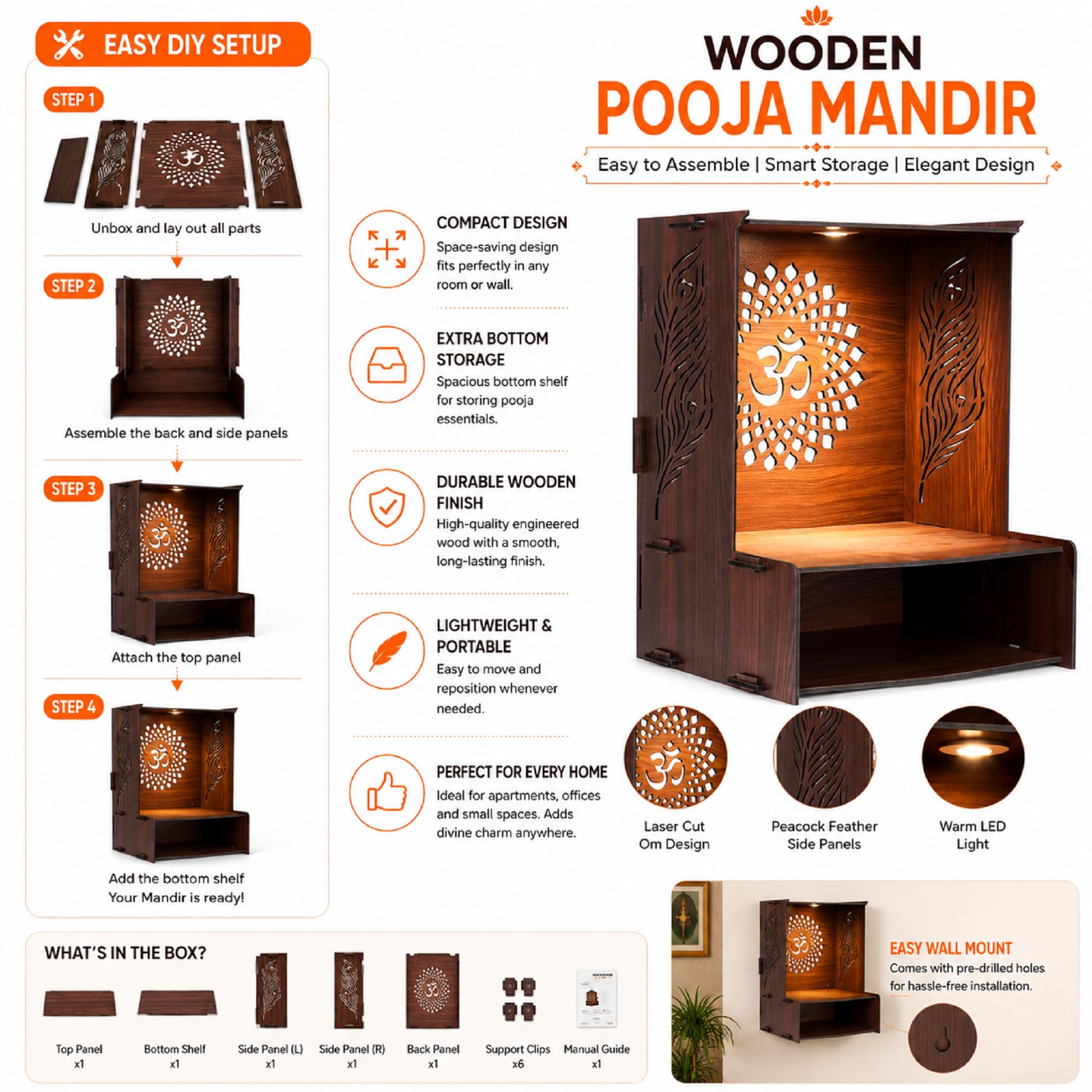 PIXIEDAISY Wooden Temple for Home with LED Light | Wall Mounted Pooja Mandir for Home & Office | Beautiful Wooden Pooja Stand for Living Room, Prayer Room & Hindu Temple Décor (Style-4)