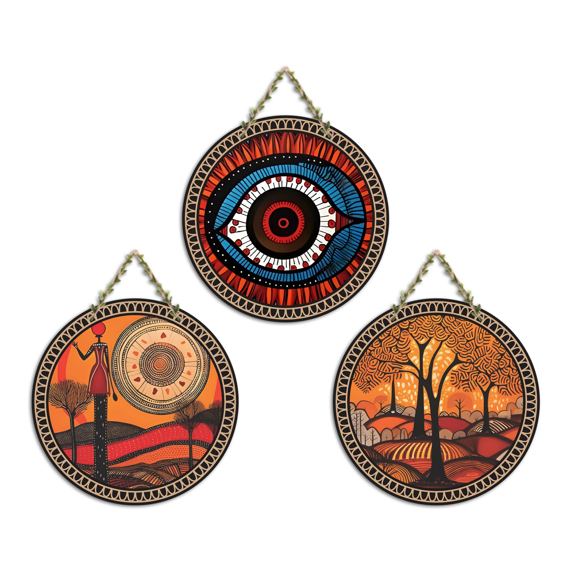 Artvibes Scenic Warli Art Round Shape MDF Wooden Wall Decor Items | Living Room | Office | Handcrafted Art | Wall Illustrations | Art Prints | Aesthetic Wall Art | Ideal Gifts (WH_9902N), Set of 3