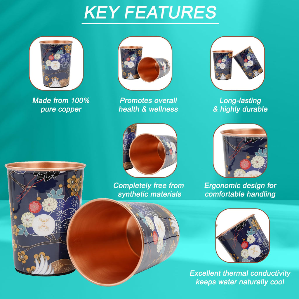 MERCAPE® 100% Pure Copper Glasses Set of 2 | Designer Meena Print | 300ml Each | Ayurvedic Benefits | Handmade Copper Tumblers for Daily Use & Gifting (Multiple Designs) (Pastel Floral Design)