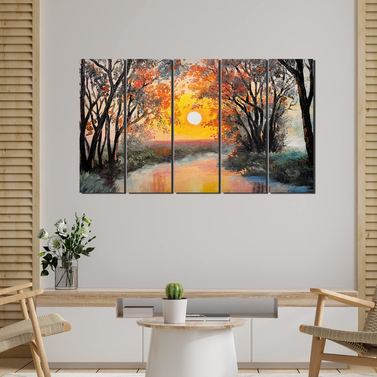 VIBECRAFTS Forest Sunset 5 Pieces Canvas Wall Painting For Home | Office | Living Room | Gift (PTVC5Pcs4_8511N)