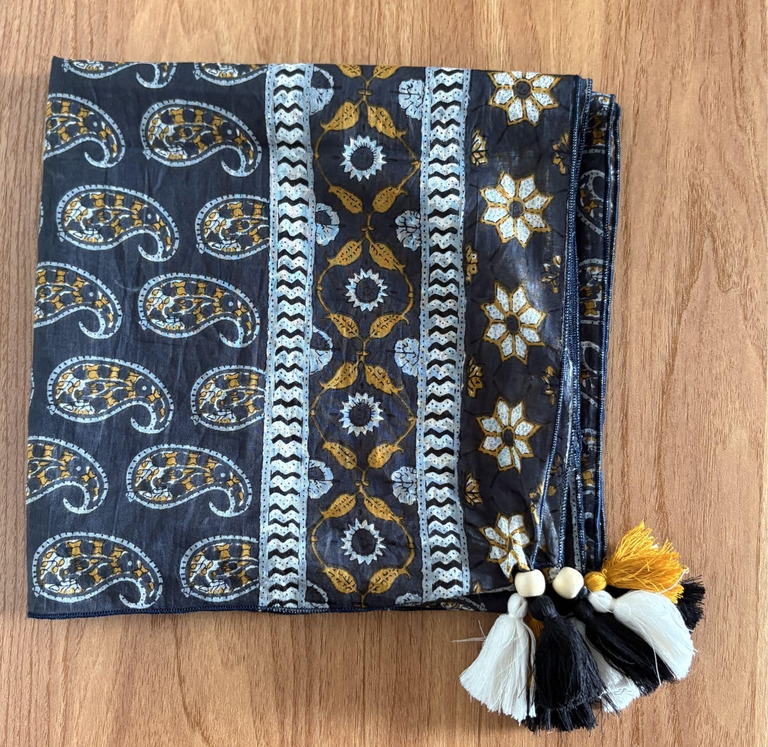 tweedle Pure Cotton Summer Scarf for Women,soft, Printed, Breathable Stole for Sun and Wind Protection - Black/Mustard