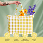 HOUSE OF ORLO Women's Cotton Quilted Bag Check Design Aesthetic Tote Bags with Zipper and Double handles, Daily use handbags for college, travel, work (Yellow - White)