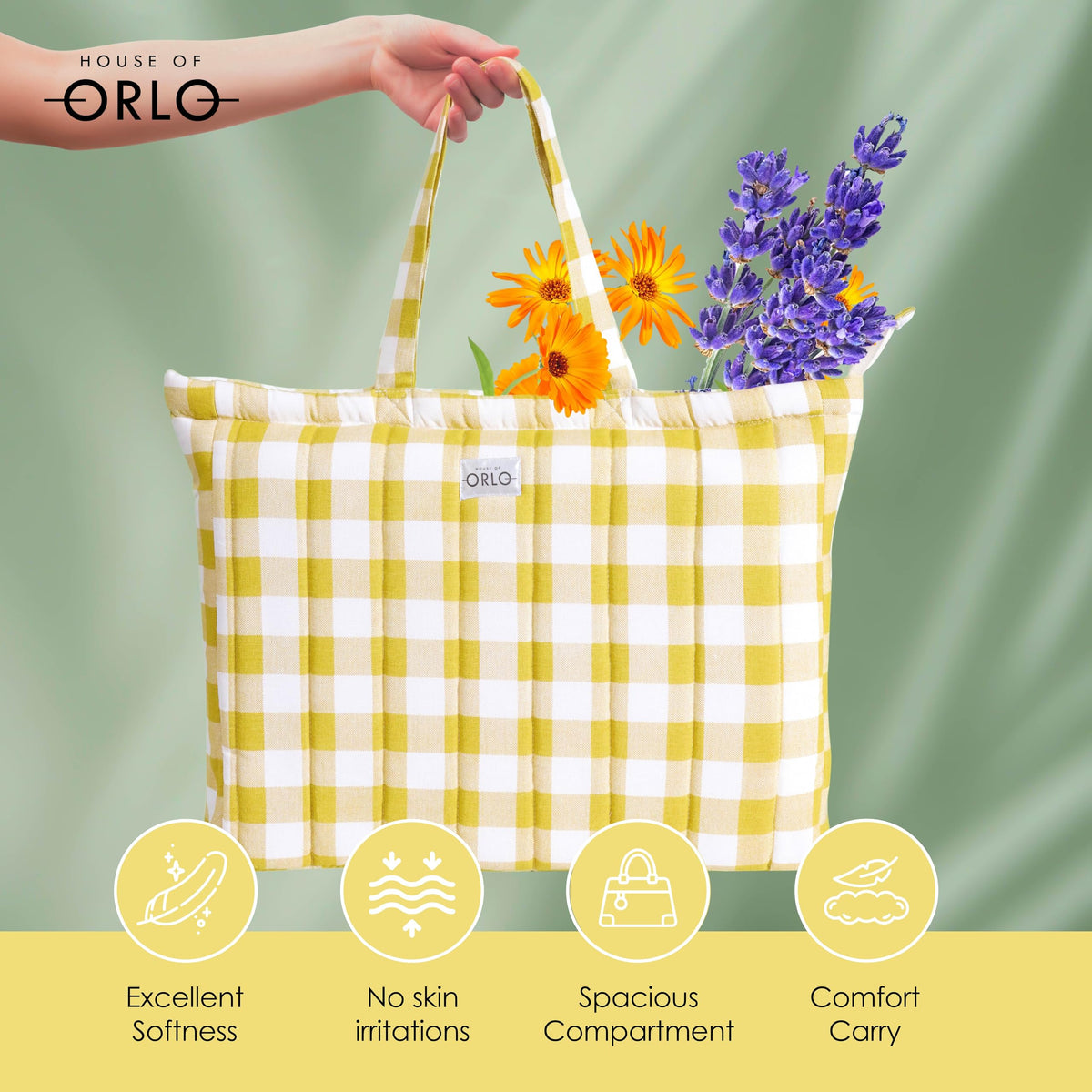 HOUSE OF ORLO Women's Cotton Quilted Bag Check Design Aesthetic Tote Bags with Zipper and Double handles, Daily use handbags for college, travel, work (Yellow - White)