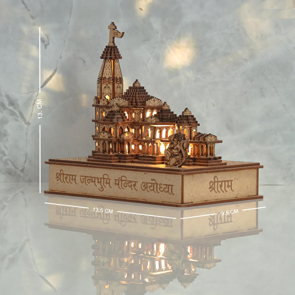 LASER ART Ram Mandir Ayodhya Model with Light and Power Adapter 3D Replica Wooden MDF Craftsmanship, Authentic Design, with Protective Outer Box - Ideal for Home Temple, Home Decor & Gifts
