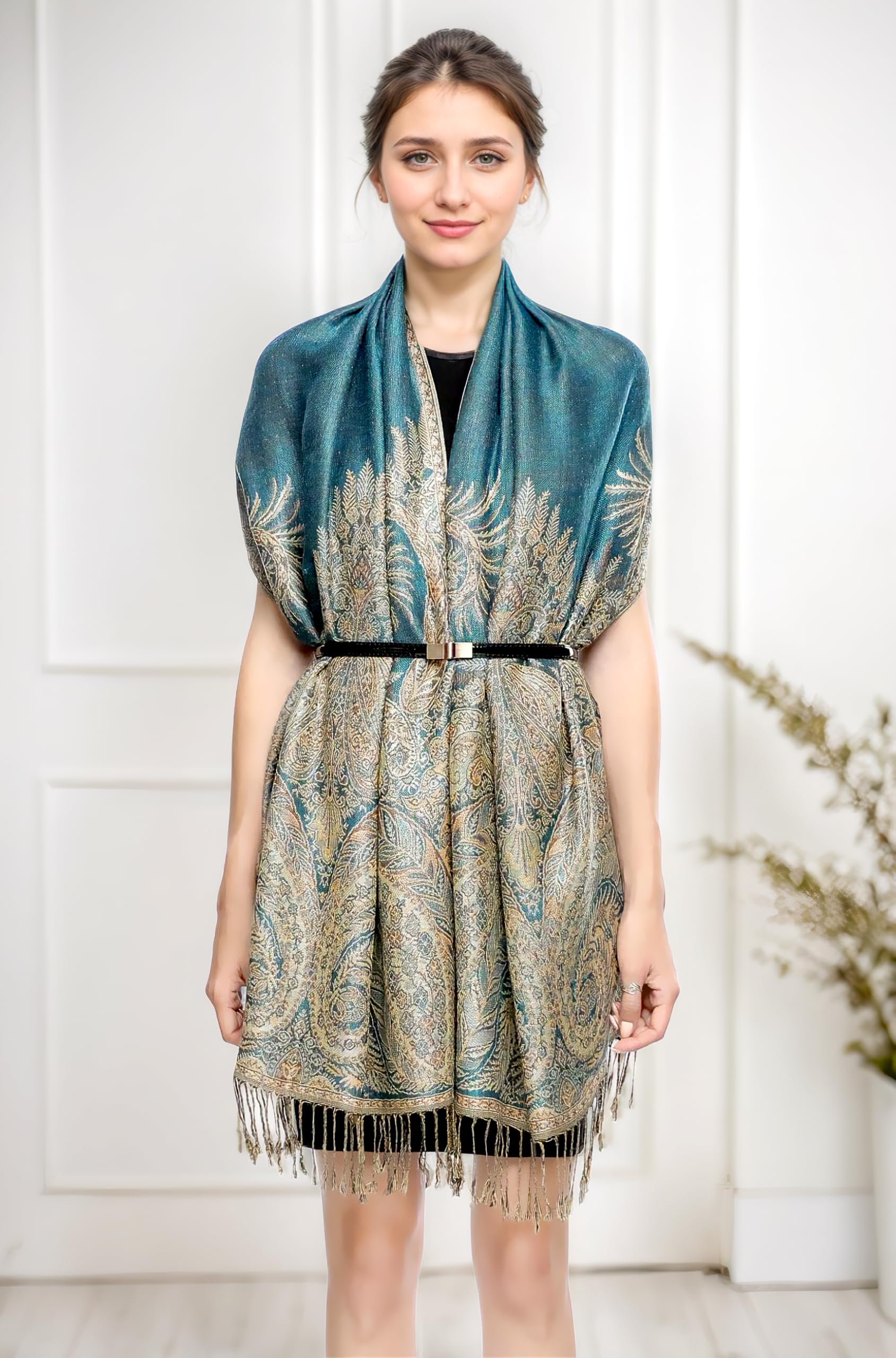 Achillea Luxurious Double Layered Jacquard Big Paisley Pashmina Shawl Wrap Scarf