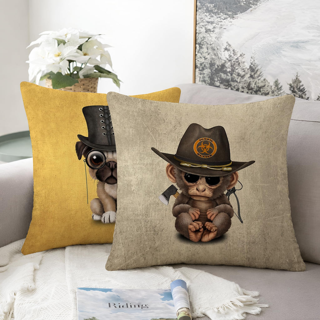 STITCHNEST Set of 2 Funky Friends Collection Printed Jute Cushion Covers 16x16 Inches | Decorative Throw Pillow Covers for Sofa, Living Room, Bedroom | Perfect for Home Decor