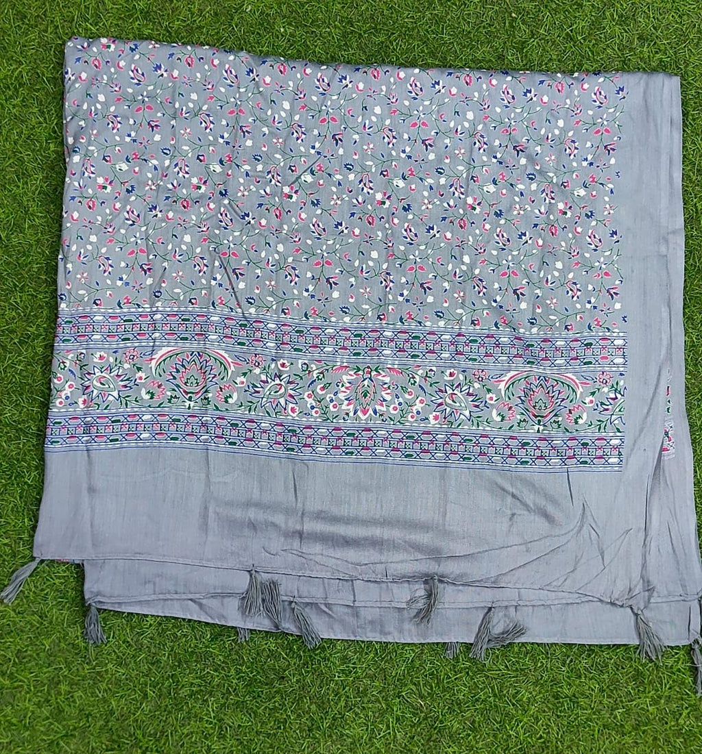 JAHAN TEXTILE Floral Printed Scarf for Women | Soft Lightweight Dupatta/Stole with Tassels | Elegant Ethnic & Casual Wear Wrap | Stylish Designer Shawl for All Seasons (Grey)