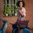 HIE Serena Tote – Handwoven Raffia Bag with Vegan Leather Trims, Metal Zip Closure, Inner Lining & Tassel | Stylish Travel Tote for Women & Girls.