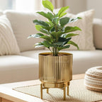 BEHOMA Fluted Metal Indoor Planter with Stand, Golden