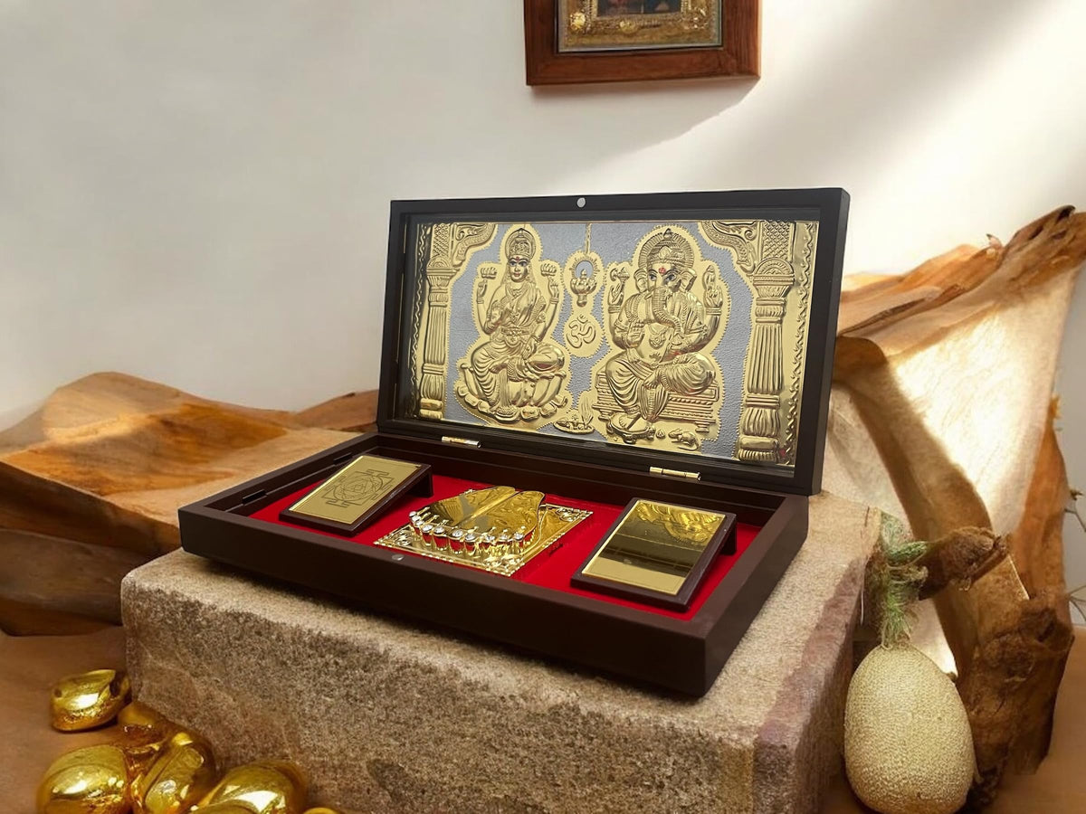 CharmInSilver 24k Gold Plated & 999 Pure Silver Coated | Jay Shri Laxmi Ganesh Charan Paduka Pooja Box | Packet Temple | Suitable Gift for Diwali,Occassions,Wealth,Prosperity & Vastu Benefits