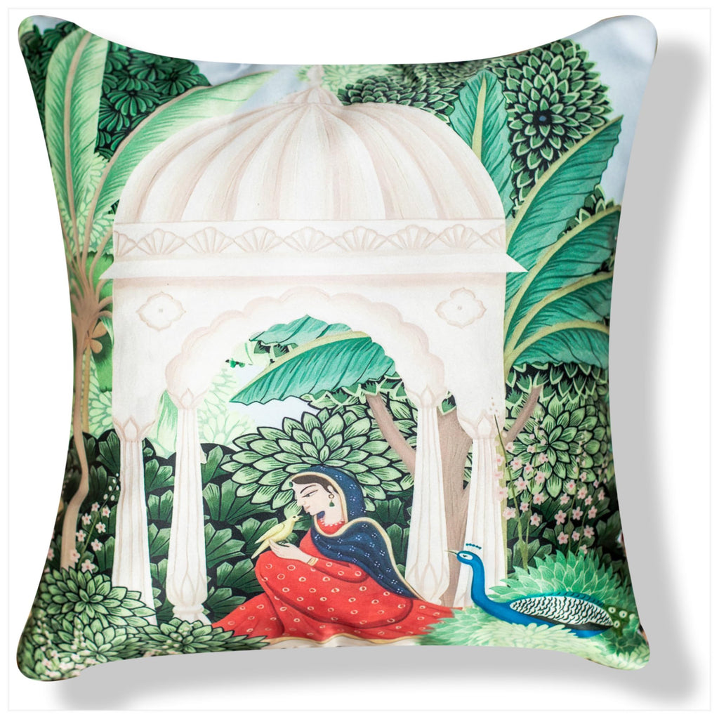 Vendola Decorative Satin Sofa Cushion Covers Set of 5, 24 Inch x 24 Inch, Sofa Pillow Cover, Ethnic Festive, Multicolor, Swan, Rajasthani Design Zipper Closure (Sahliyo Ki Bari 24X24 Inches)