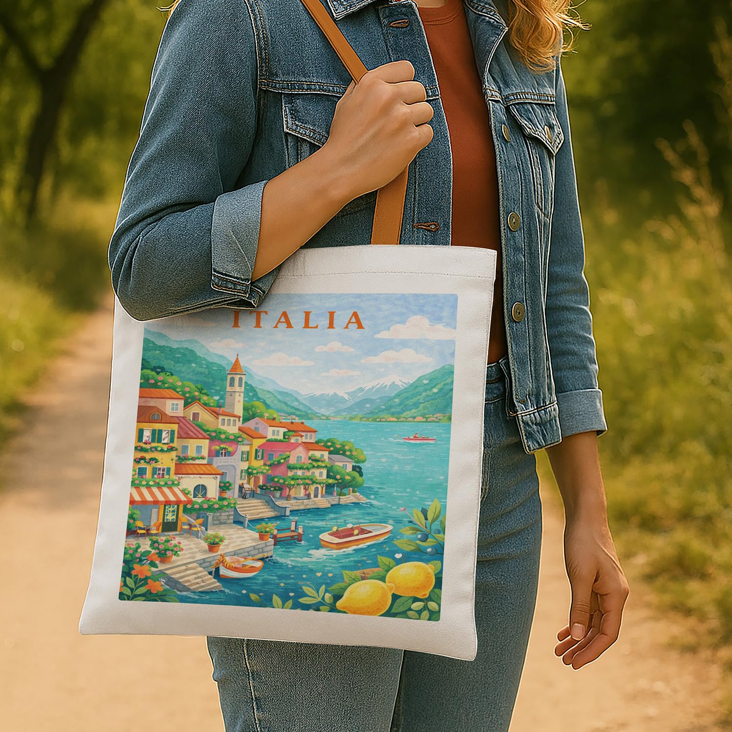 The Purple Tree WanderTote Travel Theme Tote Bag for Women, Aesthetic City Print Canvas Shoulder Bag, Reusable bag for Shopping & Everyday Carry Tote (ITALIA Edition)