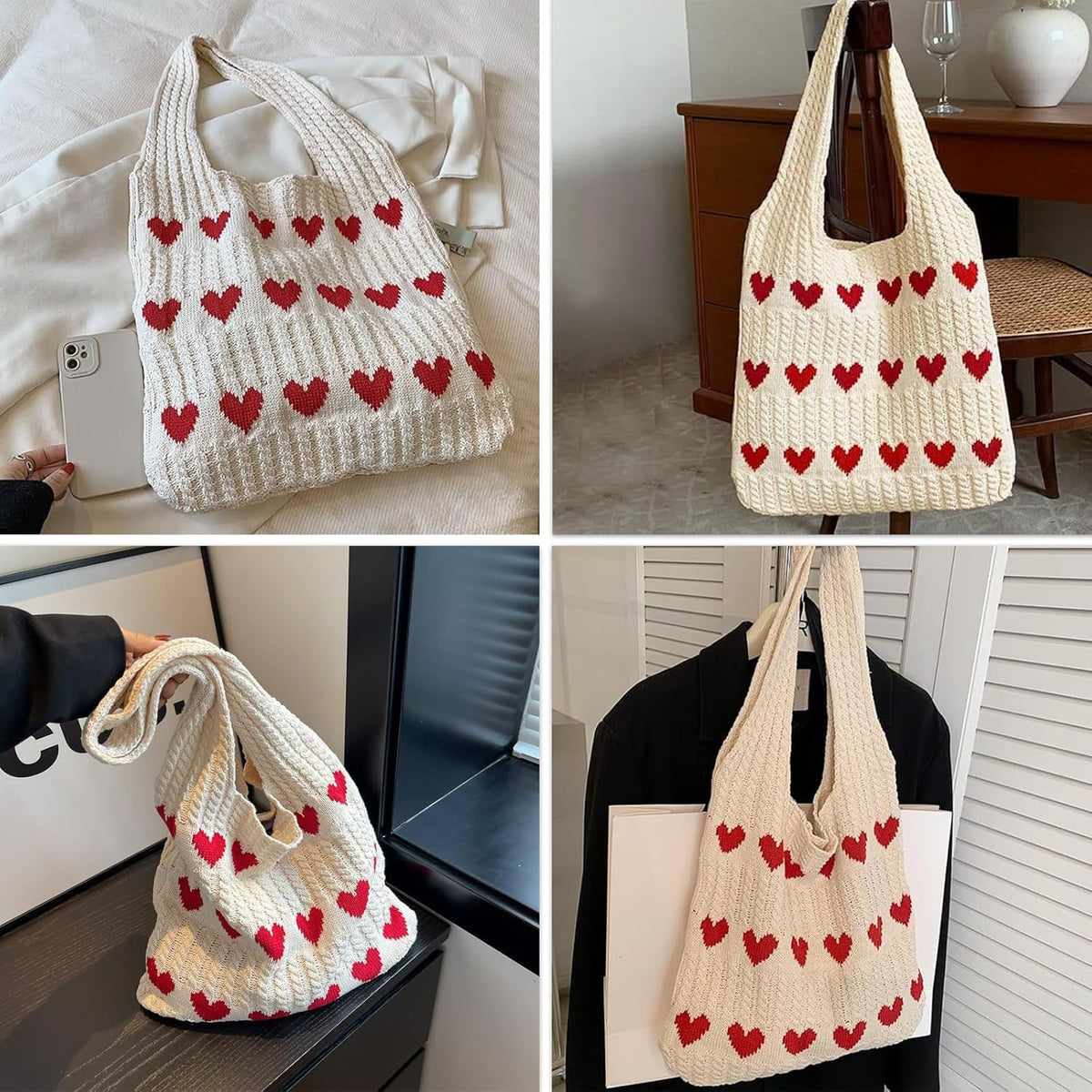 Street27 Women Korean Crochet Tote Bag Casual Work Love Hobo Shoulder Handbags | Multi-Purpose Bag |Sturdy Aesthetic Tote Bag with Large Capacity | Shopping Bag for Office, College & Daily Use(Beige)