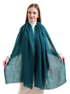 EH 100% Pure Cashmere scarf, stole Houndstooth, warm large buttery soft Pashmina (TEAL BLUE & BLACK)
